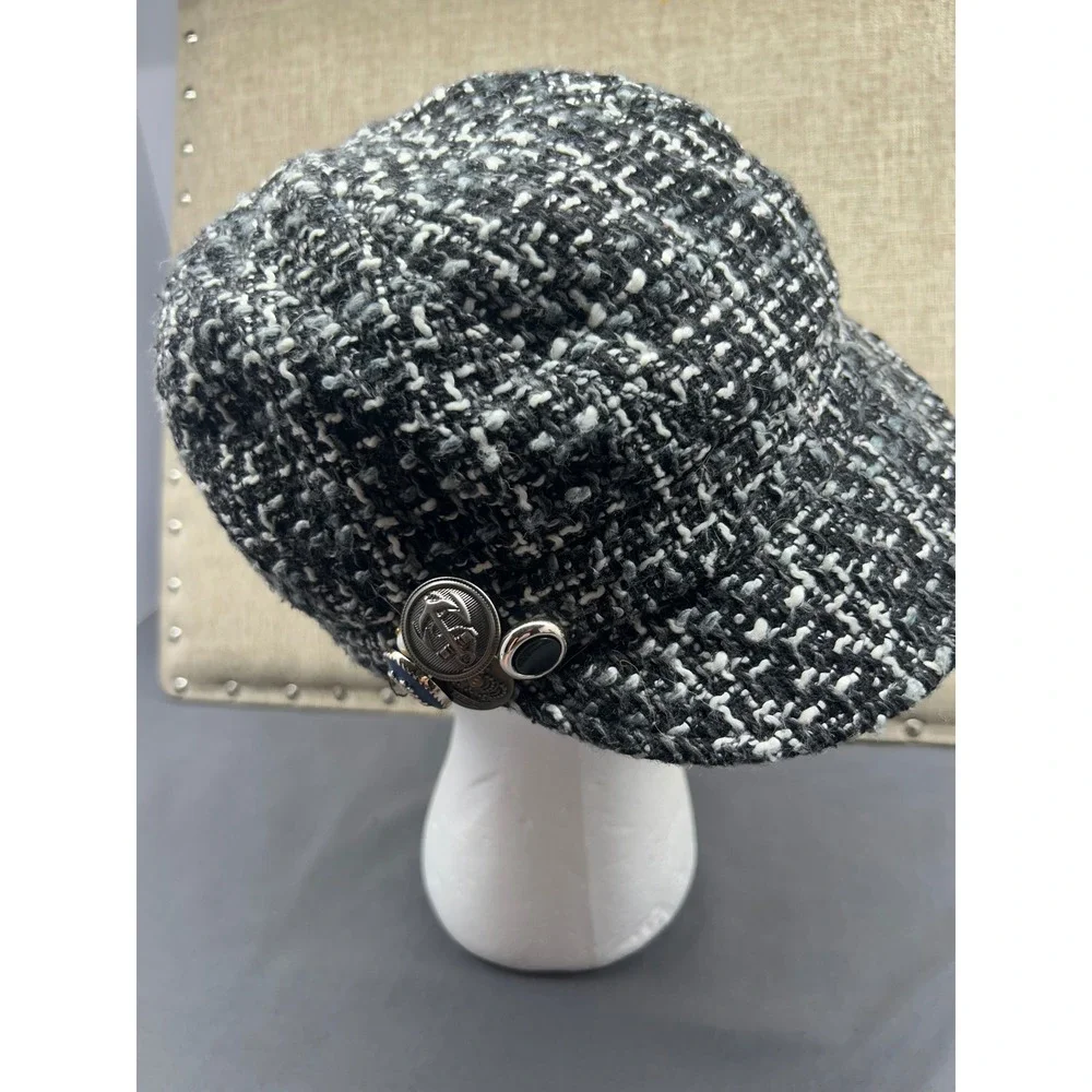 August Hat Company Womens Tweed Newsboy‎ Cap Black White Silver Accent